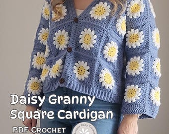 Daisy Granny Square Cardigan Pattern PDf Digital Download Crochet Pattern