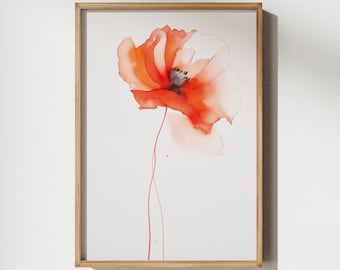 Poppy August Birth Flower Watercolor Wall Art Calm Print Simple Nature Design Home Nursery  Mother&#39;s Day Gift DIGITAL FILE