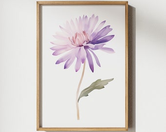 Aster September Birth Flower Watercolor Wall Art Calm Print Simple Nature Design Home Nursery  Mother&#39;s Day Gift DIGITAL FILE