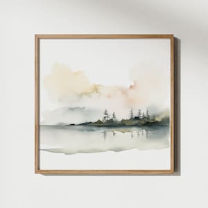 湖の水彩画の壁アート 落ち着いた自然の風景プリント シンプルなデザインの木 ホームオフィス キャビン 子供部屋 印刷可能 デジタルダウンロード可能 プリント