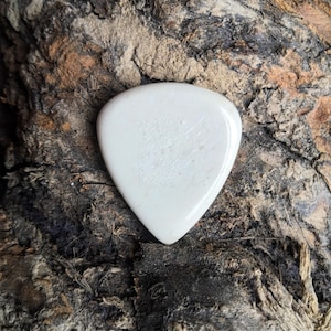 Puede incluir: Púa de guitarra blanca hecha de hueso, descansando sobre una superficie de madera texturizada.