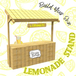 Puede incluir: Un puesto de limonada de madera con un techo amarillo y un letrero que dice "Lemonade". El puesto tiene un mostrador con un vaso de limonada encima. El puesto está rodeado de limones amarillos.