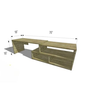 May include: A light wood entertainment center with a long top shelf and a lower shelf with four compartments. The unit measures 70 inches long, 18 inches wide, and 19 inches high.