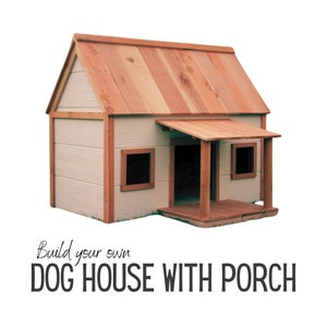 May include: A wooden dog house with a porch, painted white with a cedar wood roof. The dog house has a small window on each side and a large entrance with a porch.