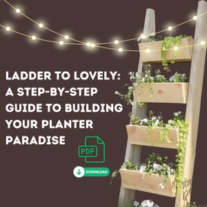 Peut inclure: Une échelle en bois avec quatre jardinières, chacune remplie de plantes vertes et de fleurs. L'échelle est sur un fond brun avec des guirlandes lumineuses blanches. Le texte "LADDER TO LOVELY: A STEP-BY-STEP GUIDE TO BUILDING YOUR PLANTER PARADISE" est en haut de l'image. Une icône PDF verte avec le mot "DOWNLOAD" est sous le texte.