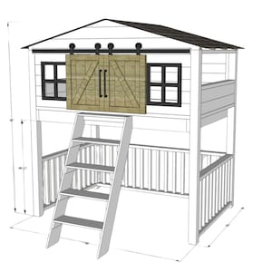May include: White wooden loft bed with a ladder and a barn door style storage compartment. The bed is 48 1/2 inches tall and 50 inches wide.