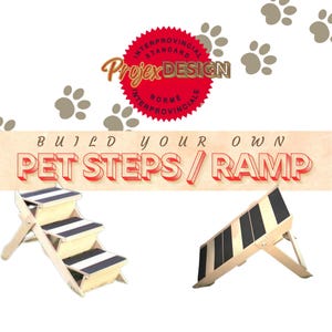 May include: Build your own pet steps or ramp. Two wooden pet steps and a ramp are shown. The steps are 3 steps high and have black and white treads. The ramp is a single incline with black and white treads.