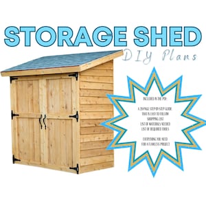 May include: DIY plans for building a wooden storage shed with a gable roof. The plans include a 20-page step-by-step guide, shopping list, materials list, and required tools.