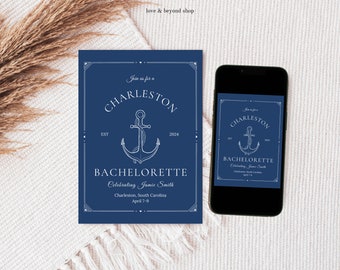 May include: A navy blue invitation with a white anchor and the text "Join us for a Charleston Bachelorette Celebrating Jamie Smith Charleston, South Carolina April 7-9"