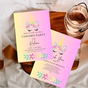 Unicorn Rainbow Birthday Invitation | Unicorns Rainbows Sparkles and Gold Invitation | Editable Canva Template | Instant Editable Download