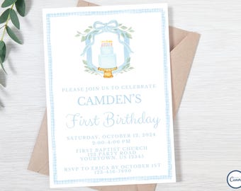 Classic Boy 1st Birthday Invitation: Blue Crest Design (Digital Download, 5x7 PDF/JPEG Template)