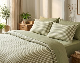 Sage Green Gingham Duvet Cover Set, Cottagecore Check Bedding, Soft Cotton Farmhouse Bedroom Decor