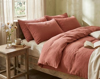 Terracotta Duvet Cover Set, Muslin Bedding, Boho Bedding, Earth Tone Bedding, Soft Cotton Duvet Cover, Cozy Bedroom Decor