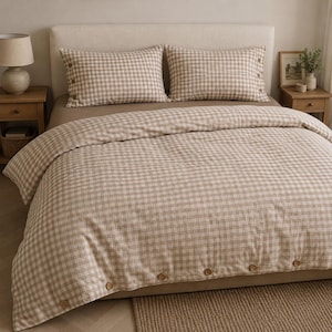 Gingham Duvet Cover Set – Button Closure Cotton Bedding, Cozy Farmhouse Checkered Bed Set