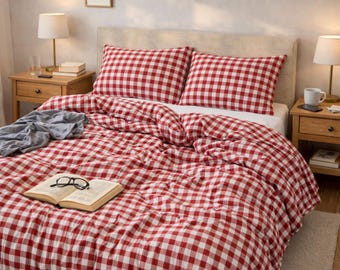 Dekbedovertrekset bordeauxrood met gingham-ruit – gezellige katoenen warme tinten boerderijbeddengoed