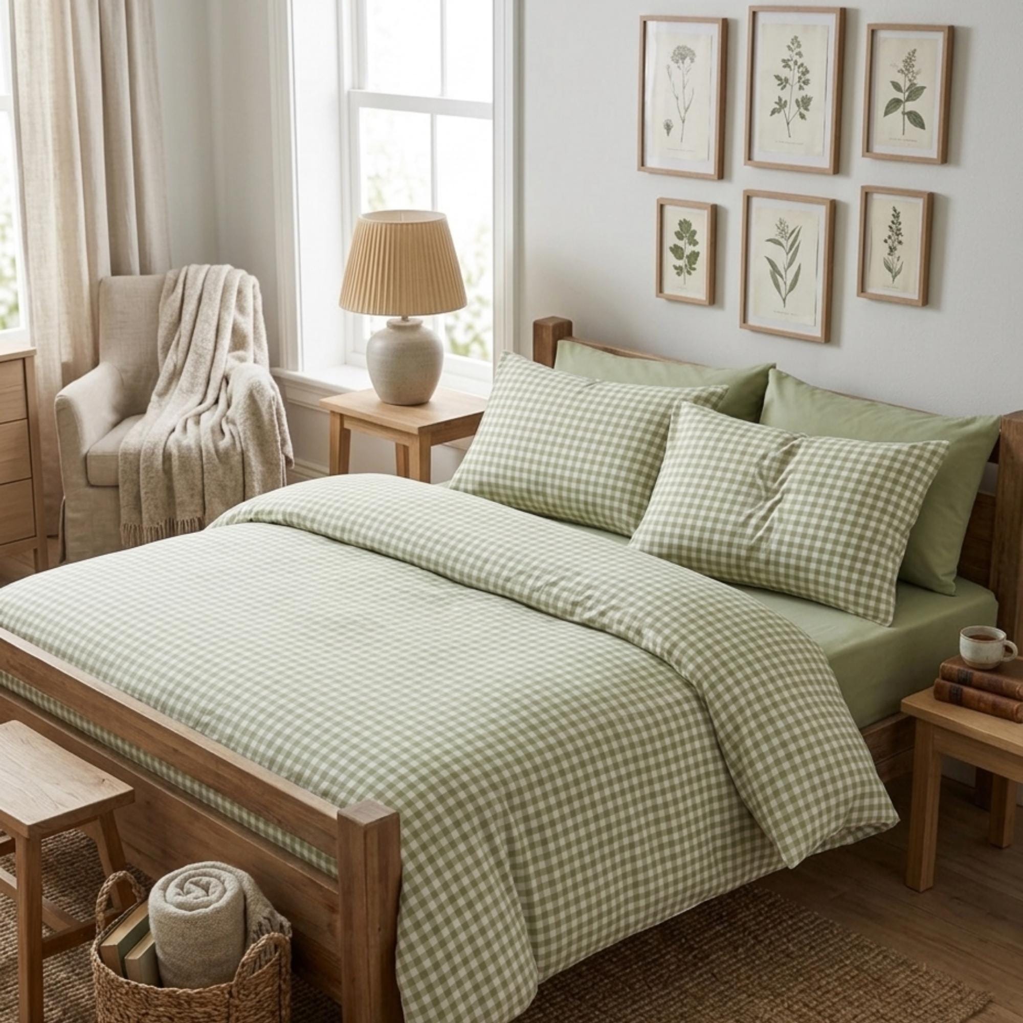 Sage Green Gingham Duvet Cover Set, Cottagecore Check Bedding, Soft ...