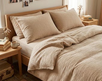 Beige 4 Layer Muslin Duvet Cover Set, Soft Cotton Gauze Bedding, Neutral Bedroom Decor