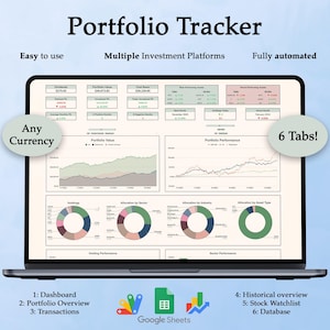 Hoja de cálculo de seguimiento de inversiones de cartera de acciones, Hojas de cálculo automatizadas de Google, Plantilla de finanzas personales, Planificador comercial, Criptomonedas, Patrimonio neto.
