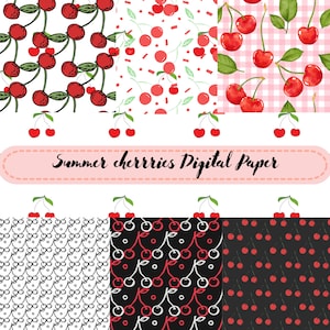 Puede incluir: Paquete de papel digital con 6 patrones diferentes con cerezas rojas sobre fondos blanco, vichy rosa, negro y blanco. El texto "Summer cherries Digital Paper" se muestra en una pancarta rosa.