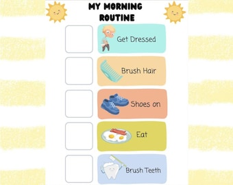 May include: A colorful printable chart with a checklist for kids' morning routine. The chart includes illustrations of a boy getting dressed, brushing hair, putting on shoes, eating breakfast, and brushing teeth. The text on the chart reads "My Morning Routine".