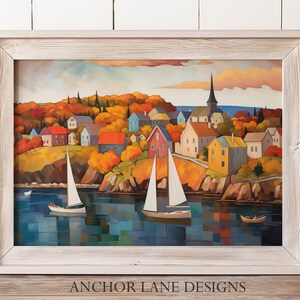 Autumn River Town Landscape | Nautical Art | Digital Download | Printable Wall Art |