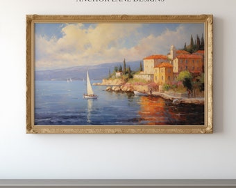 Stadt am Mittelmeer | Maritime Kunst | Digitaler Download | Druckbare Wandkunst |