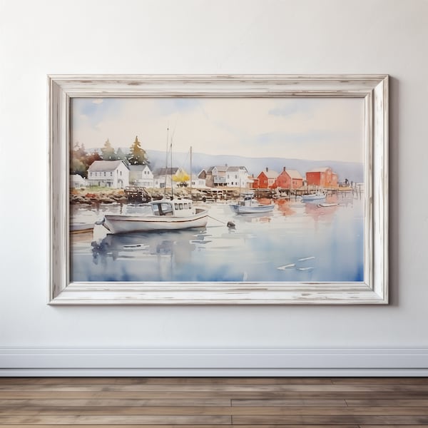 New England Waterfront Village | Digital Download | Printable Wall Art | Frame TV Art