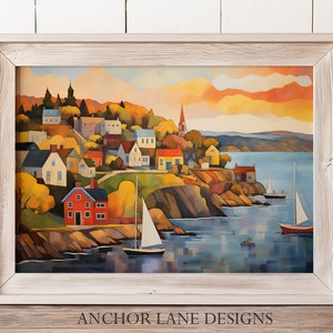 Coastal New England Town Landscape | Nautical Art | Digital Download | Printable Wall Art |