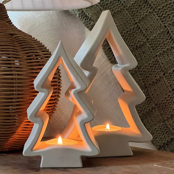 Camiseta navideña de hormigón para velas de té, portavelas navideño, decoración de mesa, Navidad neutra, decoración de repisa de chimenea, regalo de temporada estilo rústico