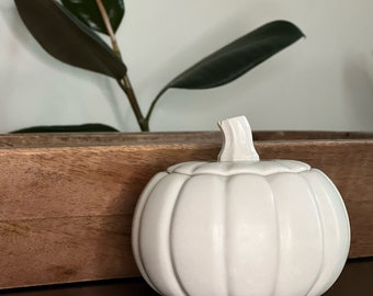 May include: A white ceramic pumpkin-shaped container with a lid, perfect for fall decor. The pumpkin has ribbed detailing and a stem on top. A wooden tray and plant with dark green leaves are in the background.