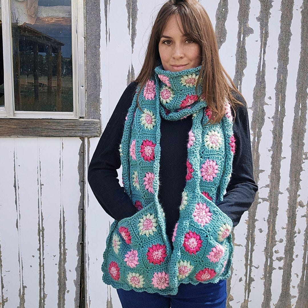 Crochet Pocket Scarf PDF Pattern | Oversized Puff Stitch Granny Square ...