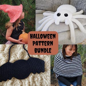 Puede incluir: Un paquete de patrones de Halloween con un sombrero de bruja rosa, una araña de ganchillo blanca, una bolsa con forma de murciélago negra y un poncho a rayas blancas y negras. El texto "HALLOWEEN PATTERN BUNDLE" se muestra sobre un fondo marrón.