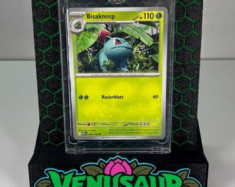 Venusaur card stand with logo and green honeycomb back panel | TCG Display