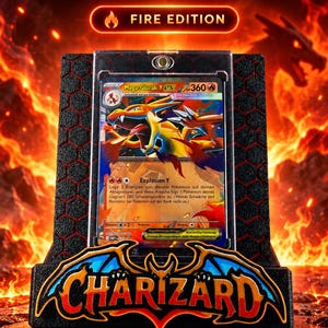 May include: A black magnetic card display stand featuring a hexagonal pattern and the word CHARIZARD in stylized lettering at the base. The stand holds a Mega-Glurak Y EX trading card in a clear protective case against a fiery background.