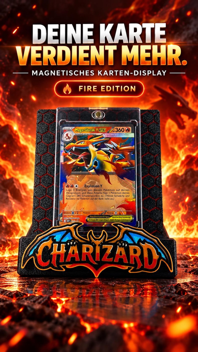 May include: A black magnetic card display stand featuring a hexagonal pattern and the word CHARIZARD in stylized lettering at the base. The stand holds a Mega-Glurak Y EX trading card in a clear protective case against a fiery background.