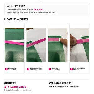 Peut inclure: Le LabelGlide est un outil d'insertion magenta pour &eacute;tiquettes de dossiers. Le graphique montre quatre &eacute;tapes : pincer la bande, glisser l'outil dans la pochette, maintenir la bande papier et tirer l'outil. N&eacute;cessite une largeur de 16,5 mm.