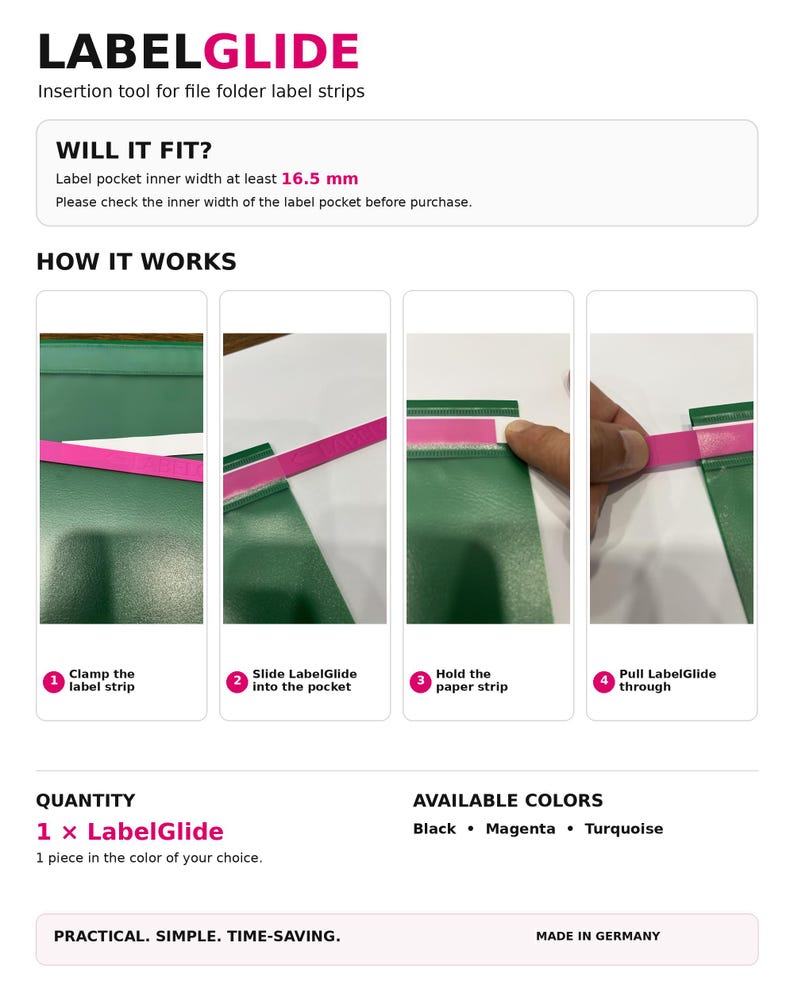 Peut inclure: Le LabelGlide est un outil d'insertion magenta pour &eacute;tiquettes de dossiers. Le graphique montre quatre &eacute;tapes : pincer la bande, glisser l'outil dans la pochette, maintenir la bande papier et tirer l'outil. N&eacute;cessite une largeur de 16,5 mm.
