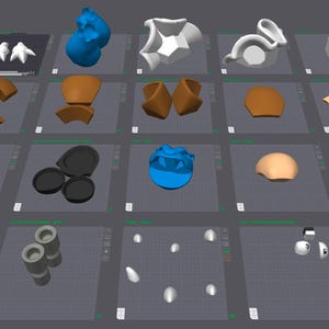 May include: A grid of 3D-rendered objects in various shapes and colors, including white, blue, brown, and black. The objects appear to be components or parts of a larger design or model, possibly for a digital project or product.