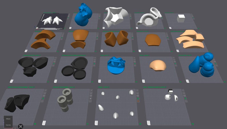 May include: A grid of 3D-rendered objects in various shapes and colors, including white, blue, brown, and black. The objects appear to be components or parts of a larger design or model, possibly for a digital project or product.