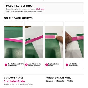 Peut inclure: Le LabelGlide est un outil en plastique magenta con&ccedil;u pour faciliter l'insertion de bandes de papier dans les pochettes d'&eacute;tiquettes de dossiers verts. Le graphique montre quatre &eacute;tapes d'utilisation avec une largeur de 16,5 mm.