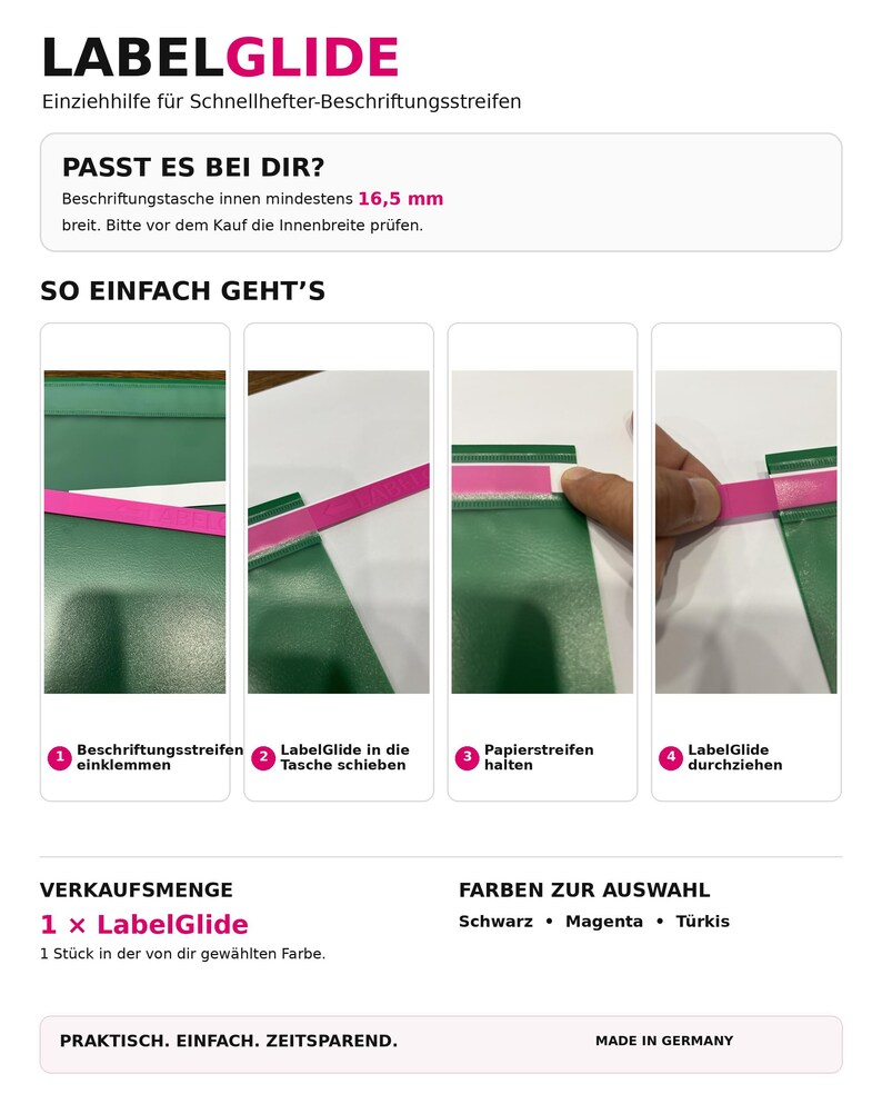 Peut inclure: Le LabelGlide est un outil en plastique magenta con&ccedil;u pour faciliter l'insertion de bandes de papier dans les pochettes d'&eacute;tiquettes de dossiers verts. Le graphique montre quatre &eacute;tapes d'utilisation avec une largeur de 16,5 mm.