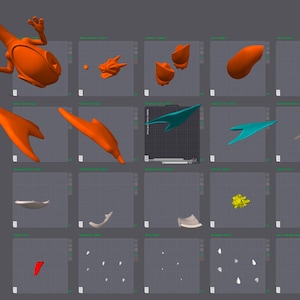 May include: A collection of 3D-rendered models, including an orange dragon-like figure, various wing-shaped objects, and other abstract forms. The models are displayed on a grid background, showcasing different angles and perspectives.