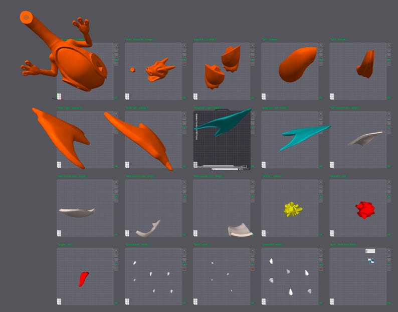 May include: A collection of 3D-rendered models, including an orange dragon-like figure, various wing-shaped objects, and other abstract forms. The models are displayed on a grid background, showcasing different angles and perspectives.
