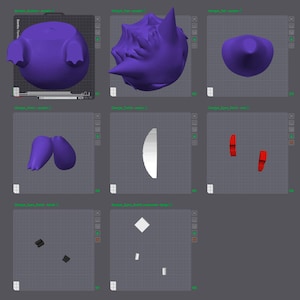 May include: A selection of 3D-rendered objects in purple and red. The objects include a rounded shape with flipper-like appendages, a spiky sphere, a cone, two curved shapes, and two rectangular shapes. They are on a grid.