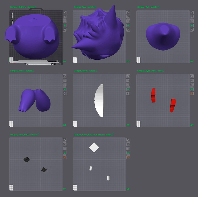 May include: A selection of 3D-rendered objects in purple and red. The objects include a rounded shape with flipper-like appendages, a spiky sphere, a cone, two curved shapes, and two rectangular shapes. They are on a grid.