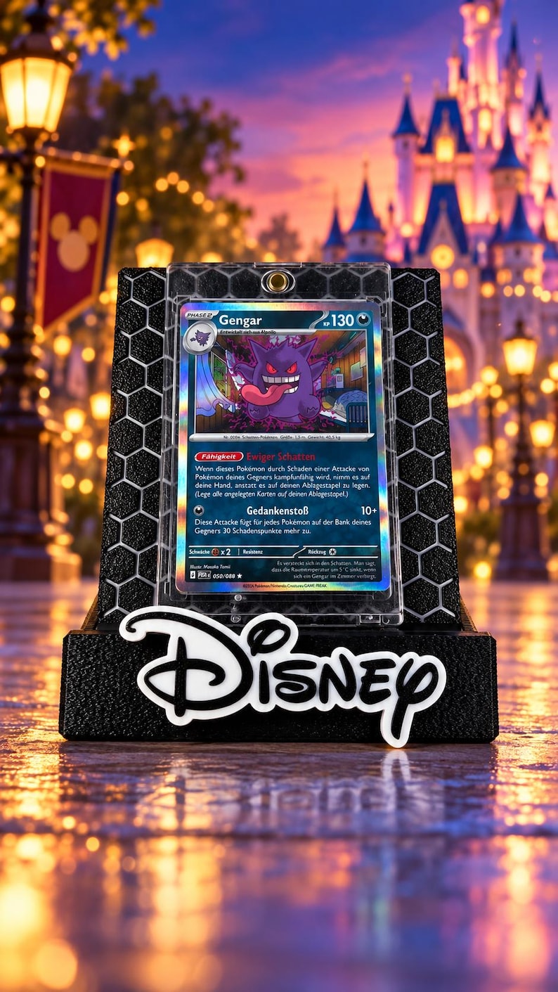 May include: A Gengar Pokemon trading card encased in a clear protective sleeve, mounted on a black hexagonal-patterned display stand featuring the white Disney logo at the base. The card displays the character Gengar with 130 HP.