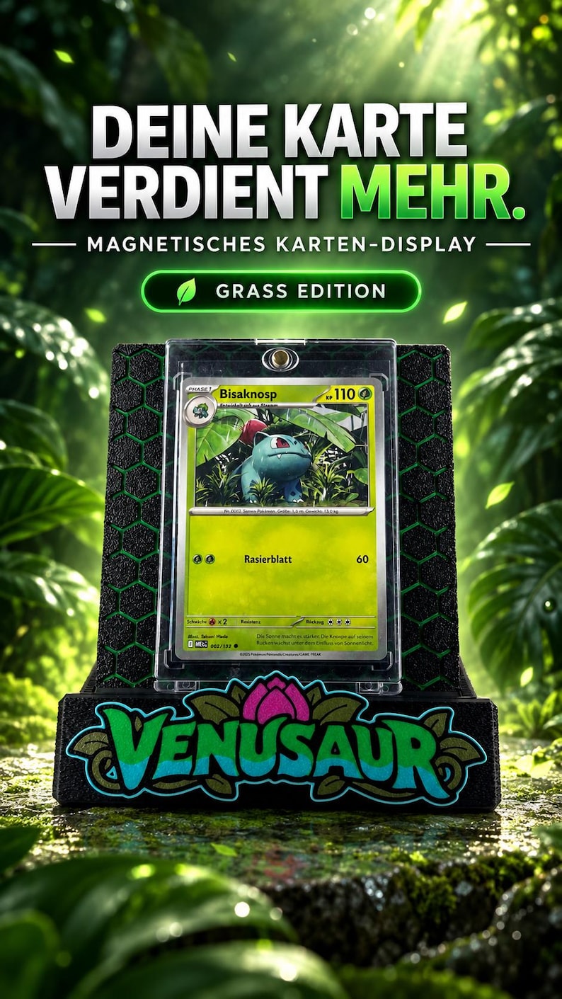 May include: A black magnetic card display stand featuring a green hexagonal pattern and the text VENUSAUR at the base. The stand holds a clear protective case containing a Bisaknosp trading card with a green plant-themed illustration.