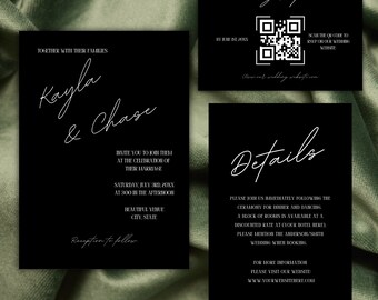 Conjunto de invitación de boda minimalista, invitación de boda, rsvp y tarjeta de detalles, plantilla de conjunto de invitación de boda digital simple