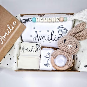 Personalized Baby Gift Set | Bodysuit + Hat + Socks with Name + Bunny Rattle | Gift for Birth, Baby Shower, Christening image 3
