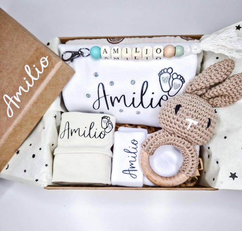 Personalized Baby Gift Set | Bodysuit + Hat + Socks with Name + Bunny Rattle | Gift for Birth, Baby Shower, Christening image 3